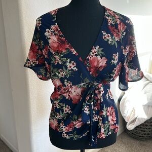 Meraki Floral Wrap Blouse - Navy and Red